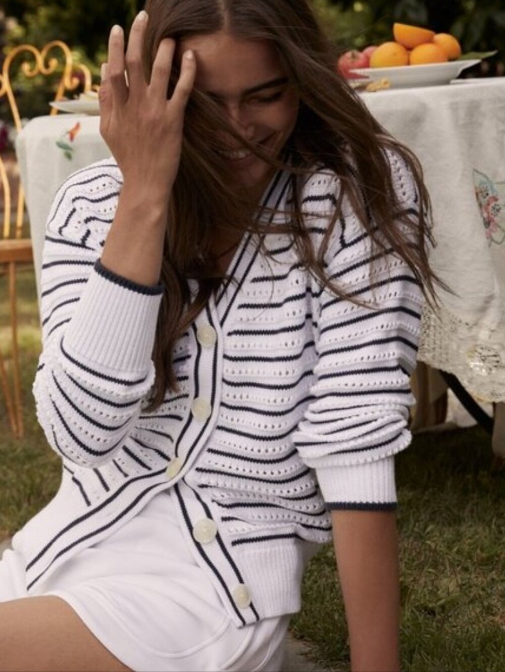 Varley Antonia Relaxed Cardigan White Black Stripe Loose Knit Women's Small